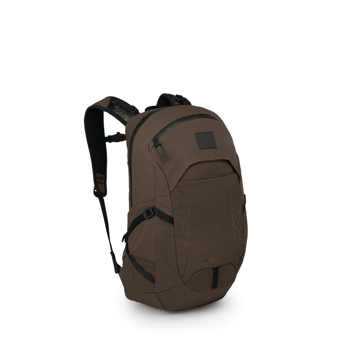 A brown backpack with black straps, buckles, and zipper details, shown from a three-quarters angle against a plain white background.