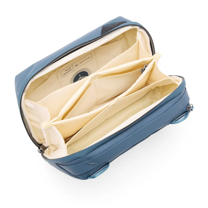 Blue bag with beige interior on a white background