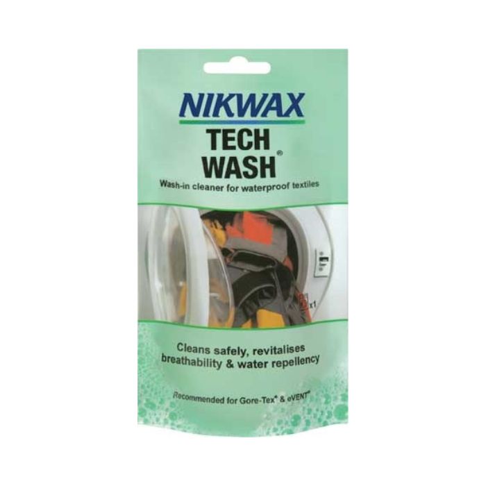 Packaging of Nikwax Tech Wash sachet with product information and branding visible.
