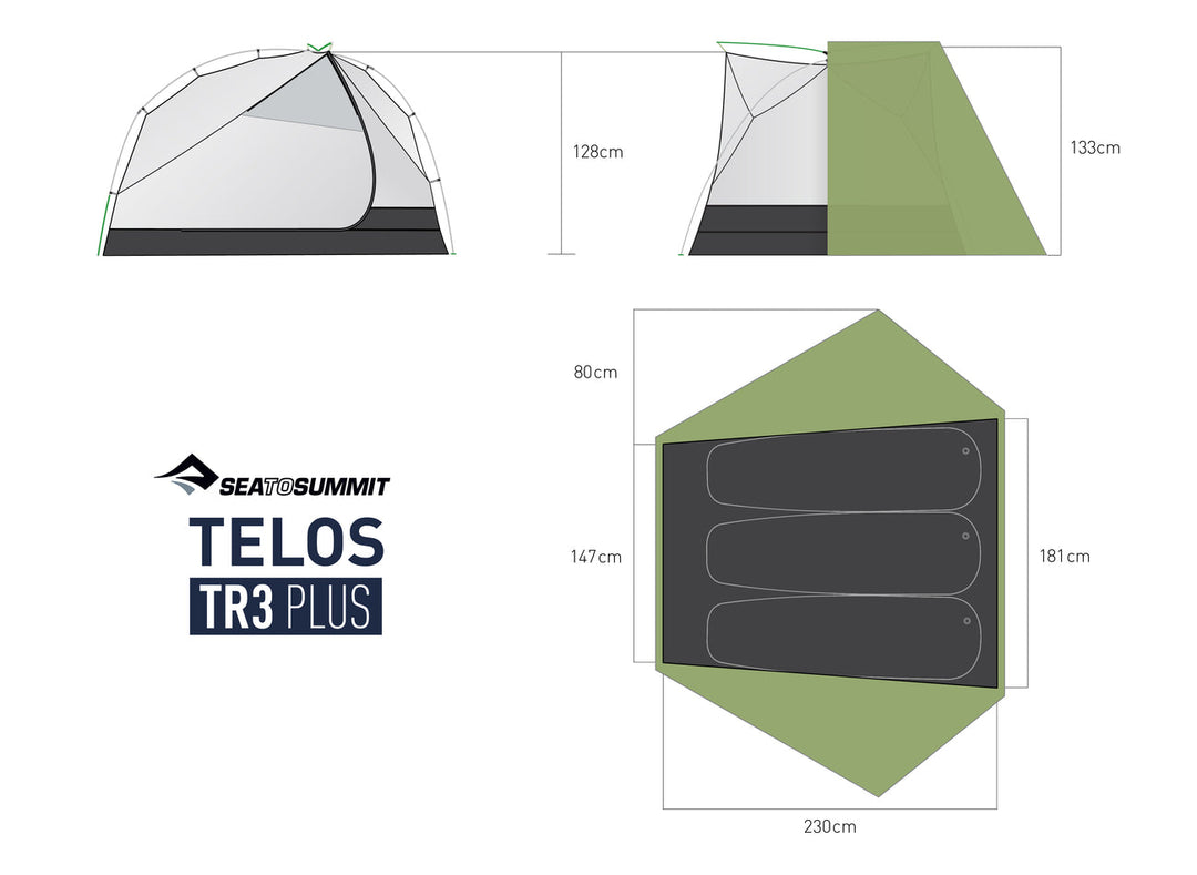 Dimensions of a Sea to Summit Telos TR3 Plus tent on a white background