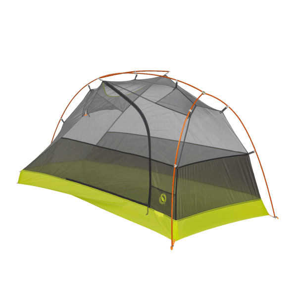 Black and green hiking tent inner with orange poles 