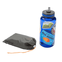 Black stuff sack for tent footprint next to 1L water bottle with Big Agnes stickers