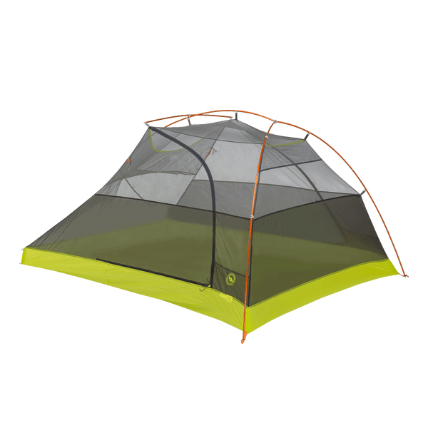 Black and green hiking tent inner with orange poles on a white background