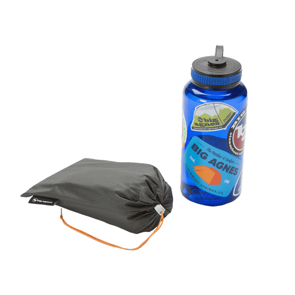 Grey tent footprint in bag next to blue water bottle.