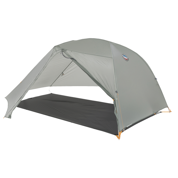 Grey tent fly with dark grey footprint and open door.
