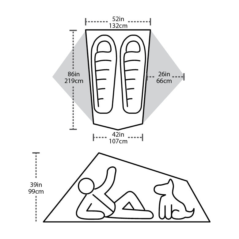 Diagram of a tent showing dimensions