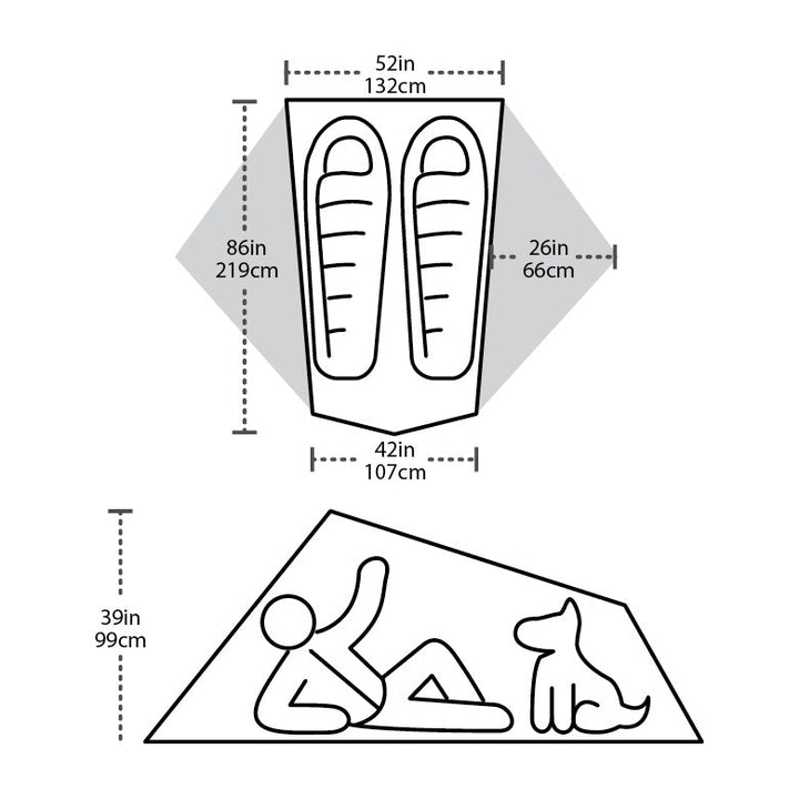 Diagram of a tent showing dimensions