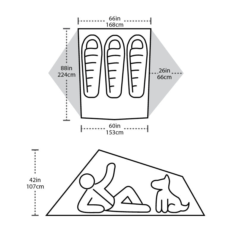 Diagram of a tent with dimensions labeled