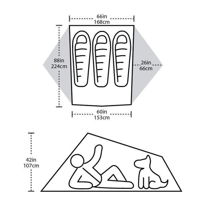 Diagram of a tent with dimensions labeled