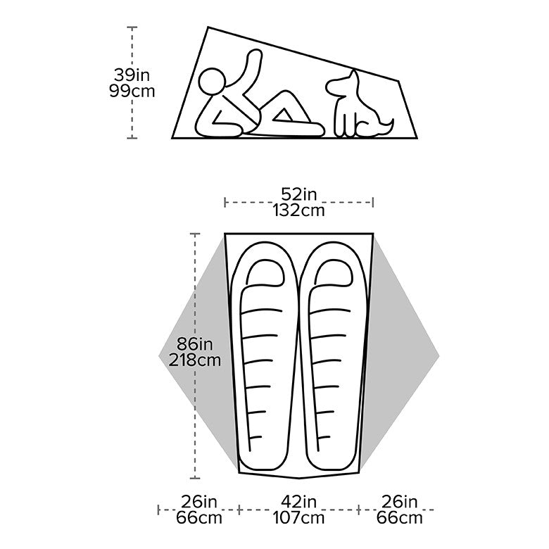 Diagram showing the dimensions of a tent