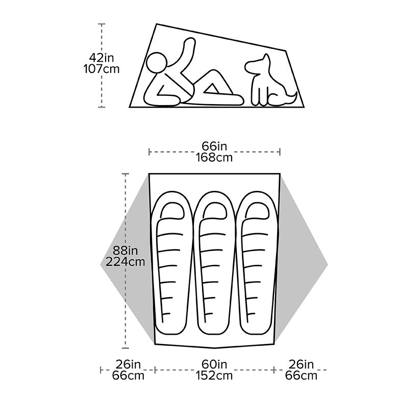 Diagram of a tent showing dimensions