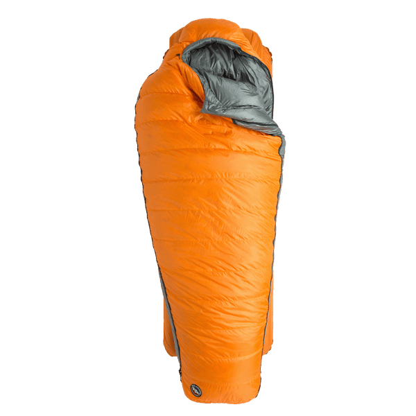 Orange sleeping bag with a grey interior, partially unzipped, orange sleeping mat largely obscured beneath it