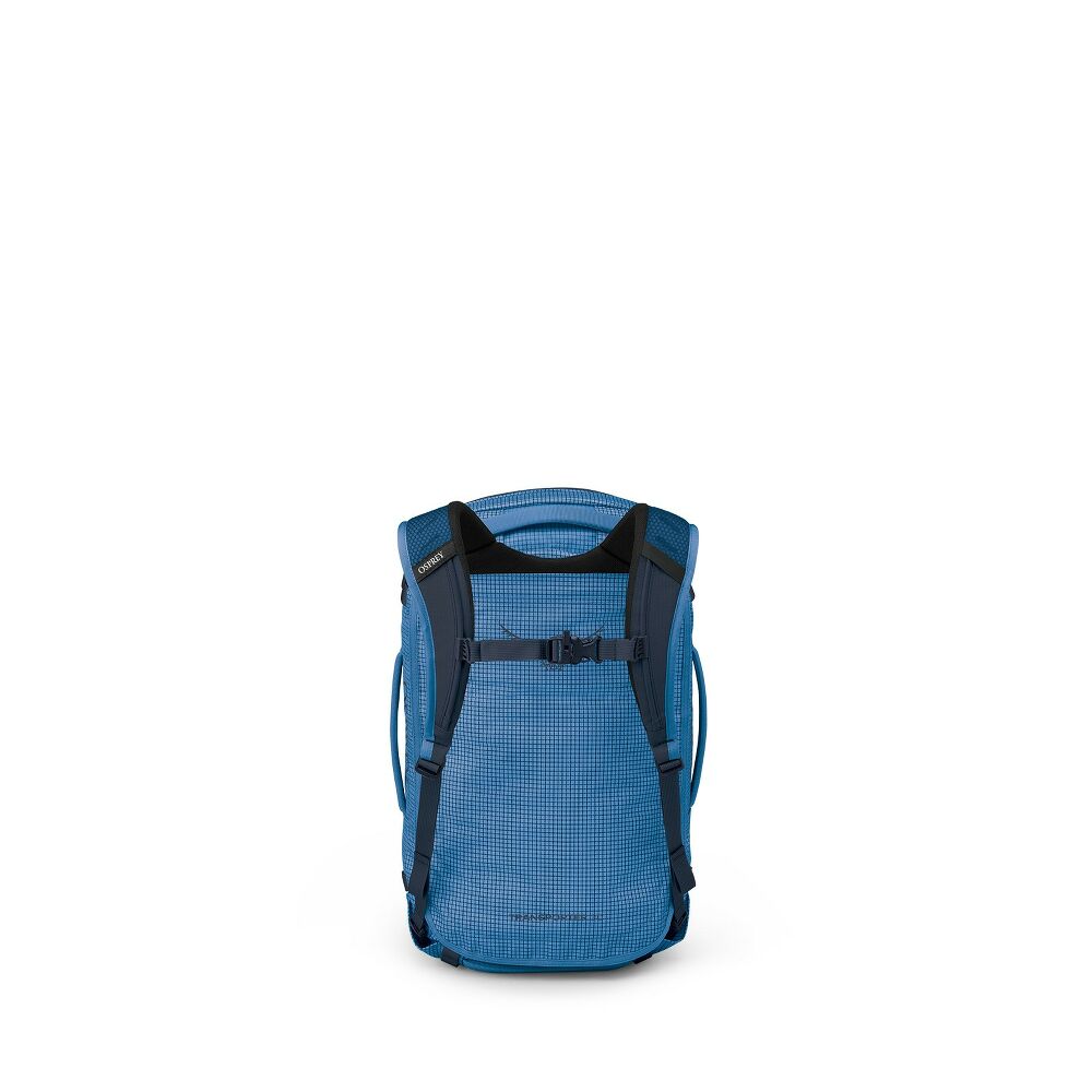 Blue backpack with black straps on a white background