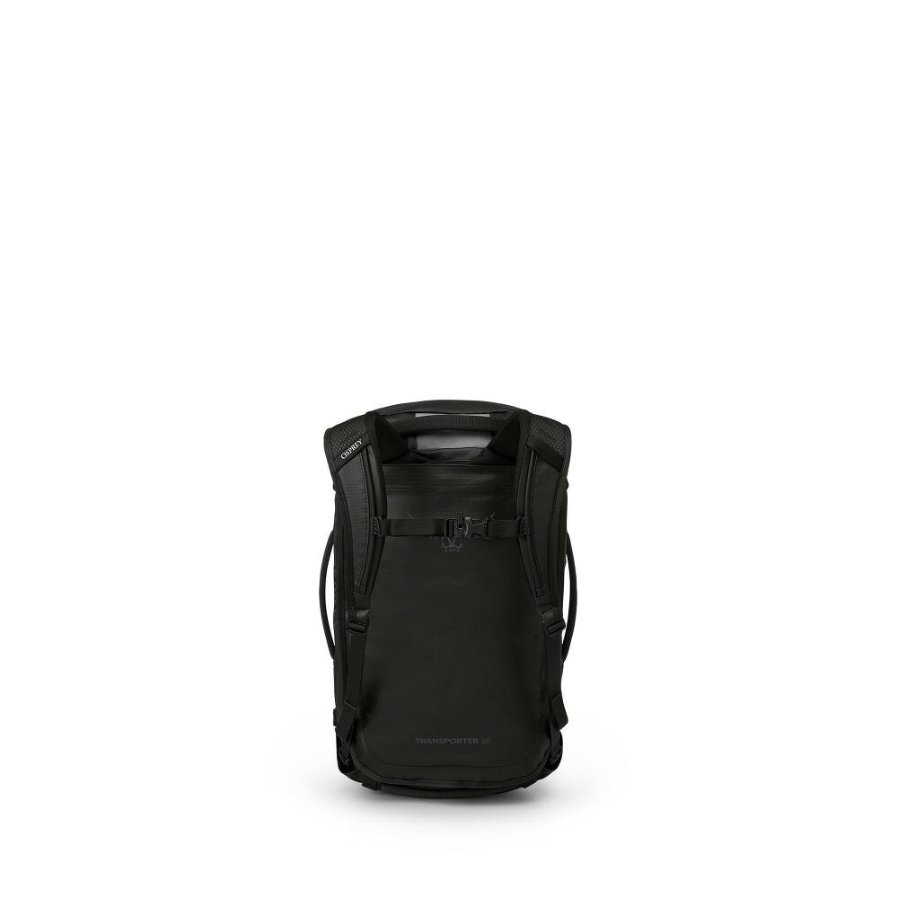 A black Osprey backpack shown from the back, featuring a top handle, compression straps, and a buckle closure, set against a plain white background.