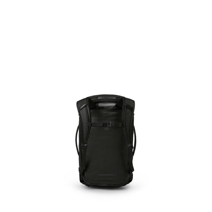 A black Osprey backpack shown from the back, featuring a top handle, compression straps, and a buckle closure, set against a plain white background.