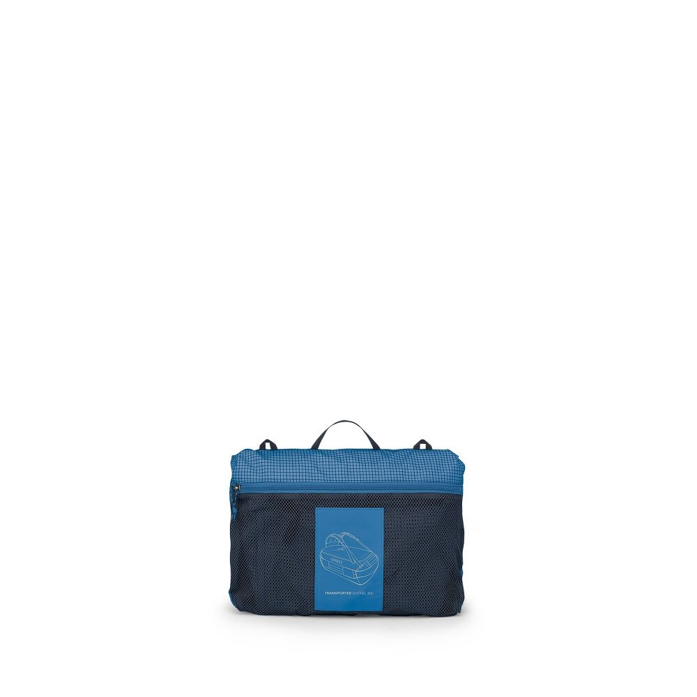 Blue and black mesh bag with a logo on a white background