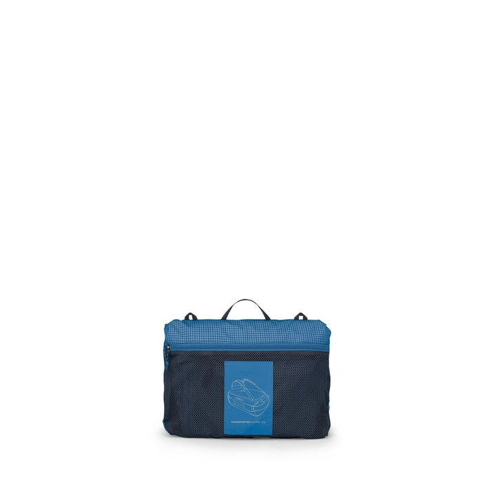Blue and black mesh bag with a logo on a white background