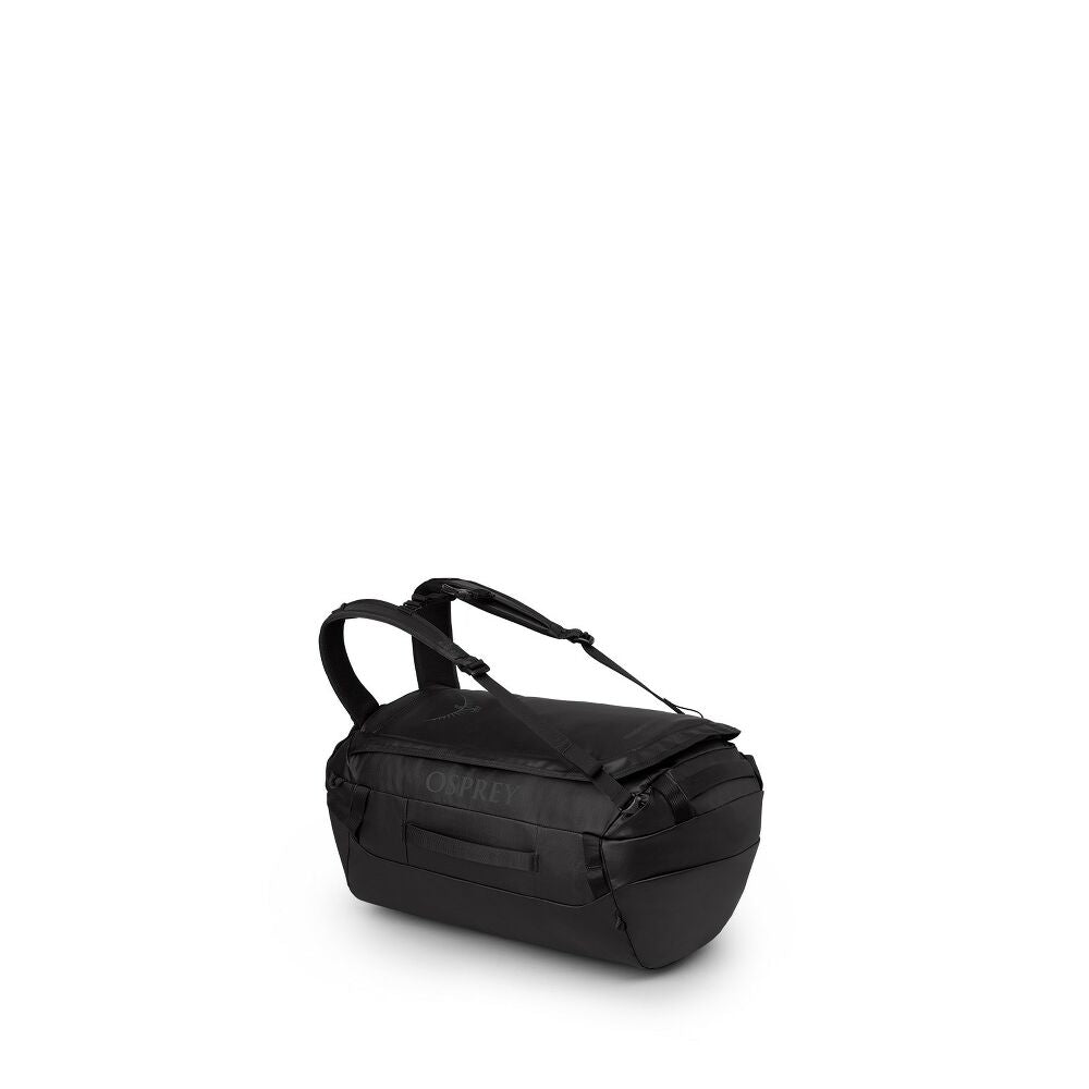 Black duffel bag on a white background