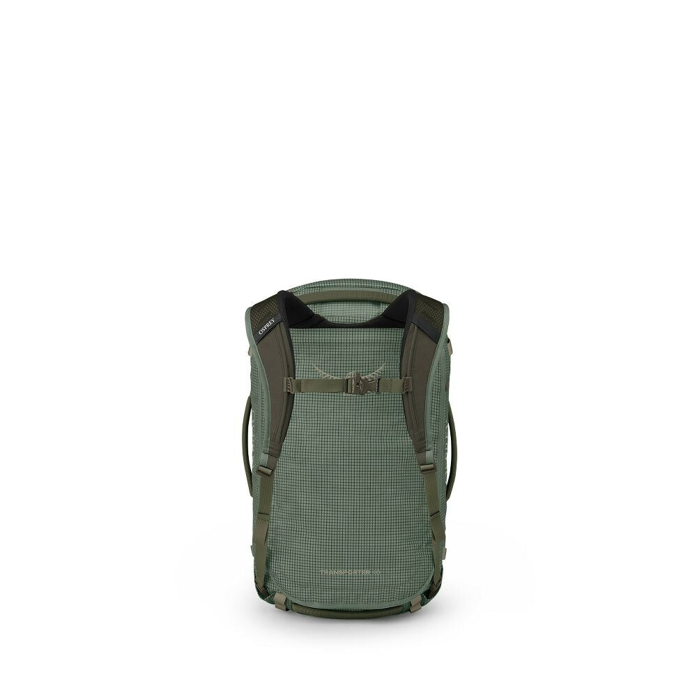 A green technical backpack shown from the back, featuring a grid-patterned fabric body, dark shoulder straps, and a top carry loop, set against a plain white background.