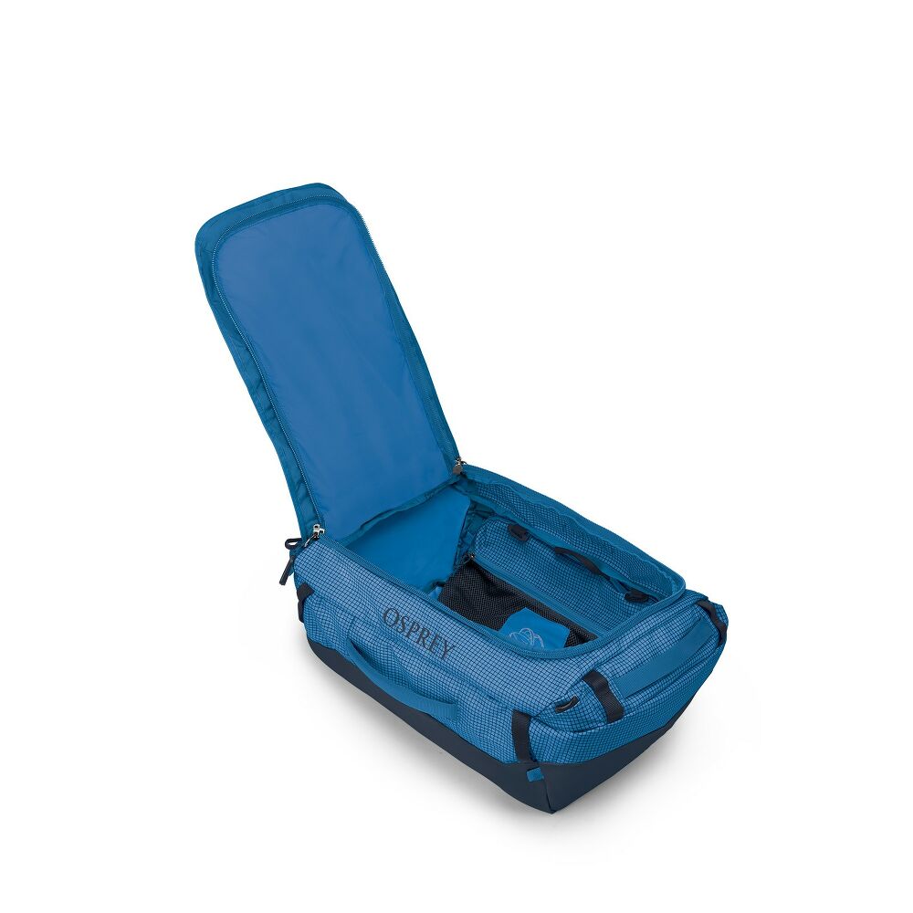 Blue Osprey travel bag on a white background