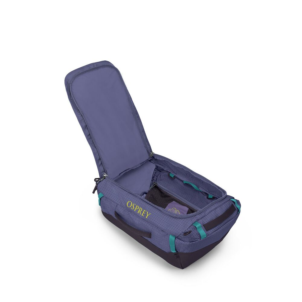Purple Osprey travel bag on a white background
