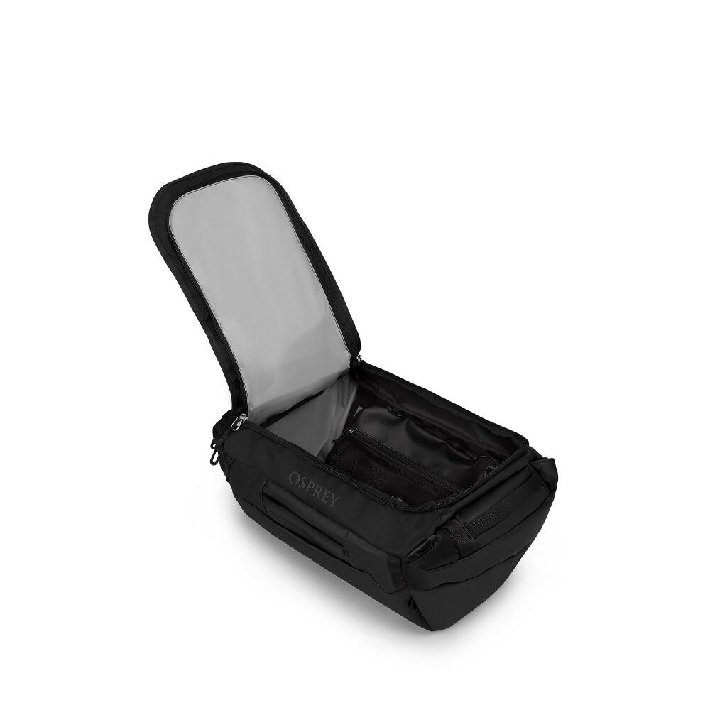 Black travel bag with open compartment on a white background