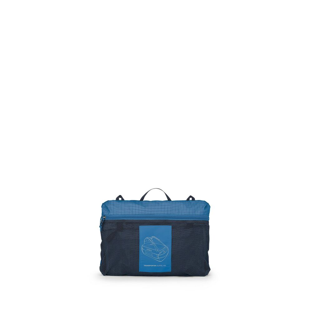 A compact packing cube or travel organizer bag shown on a plain white background. The top half is bright blue with a subtle grid pattern, and the bottom half is dark navy mesh.