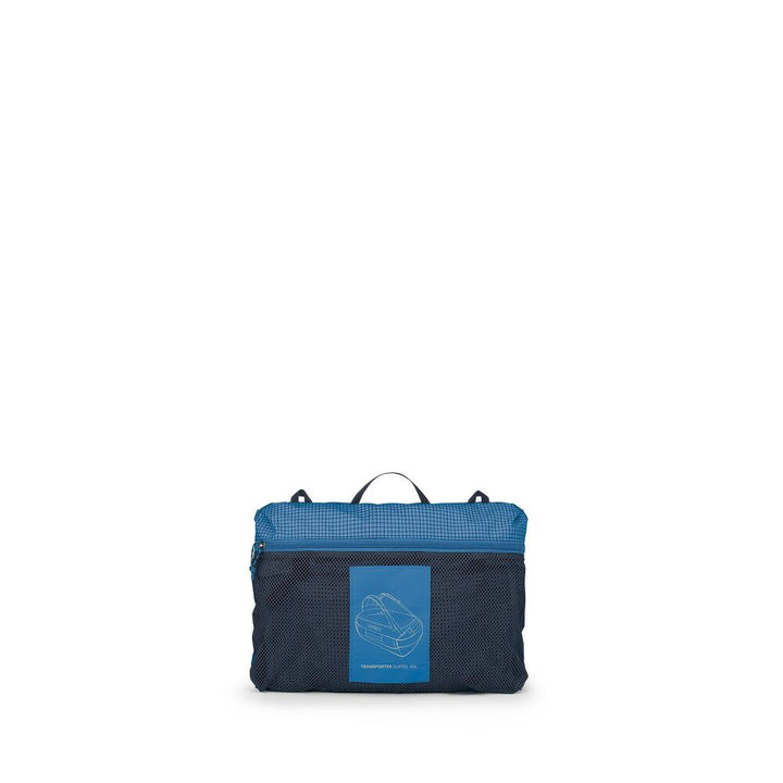 A compact packing cube or travel organizer bag shown on a plain white background. The top half is bright blue with a subtle grid pattern, and the bottom half is dark navy mesh.