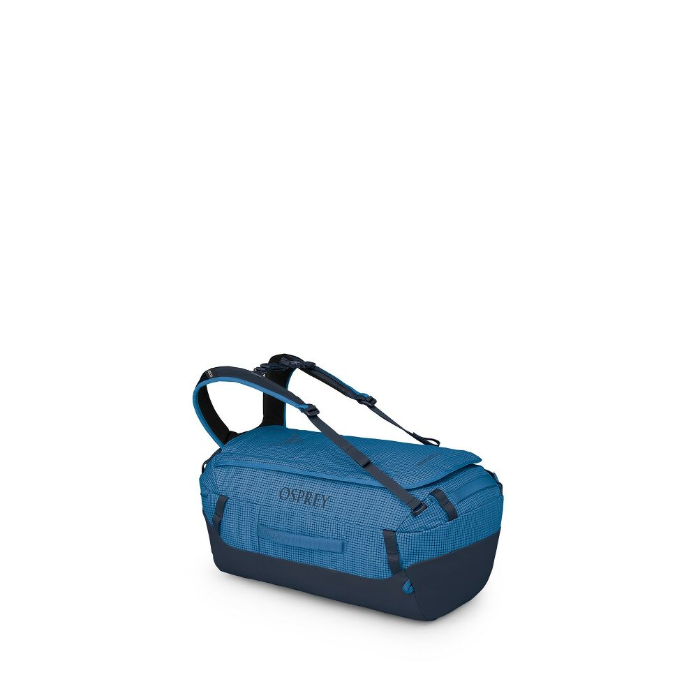 Blue Osprey duffel bag on a white background