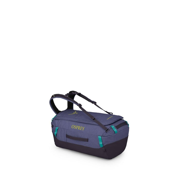 Dark blue Osprey duffel bag on a white background
