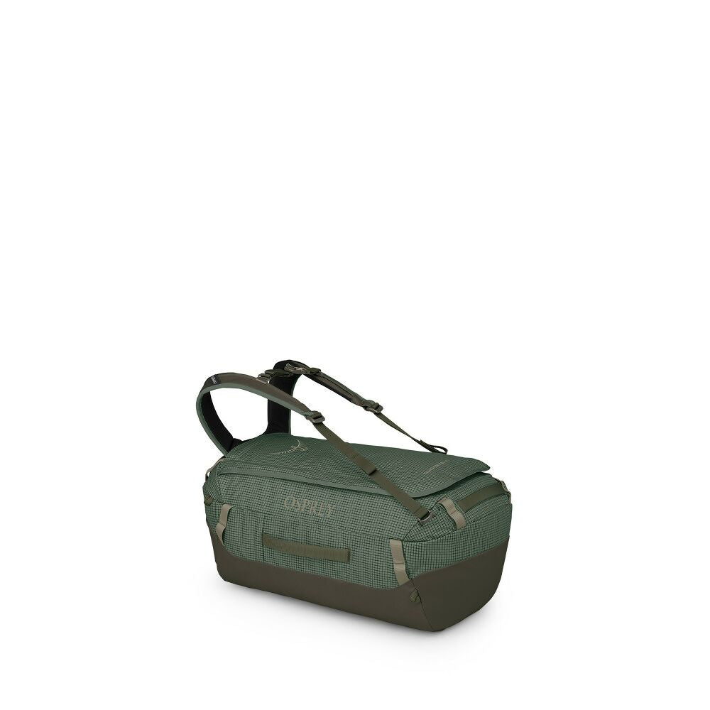Green duffel bag with Osprey branding on a white background