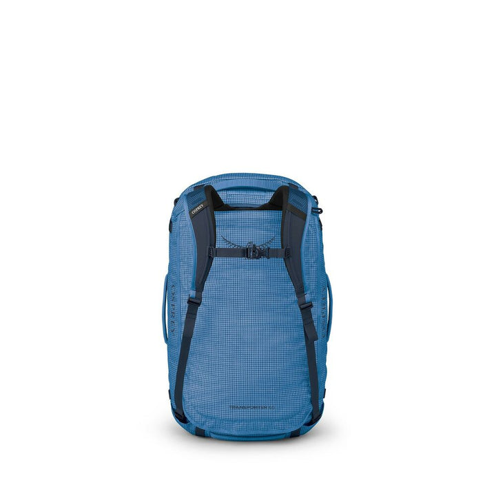 A blue technical backpack shown from the back, featuring a textured grid pattern, dark navy shoulder straps, and a black quick-release buckle, set against a plain white background.