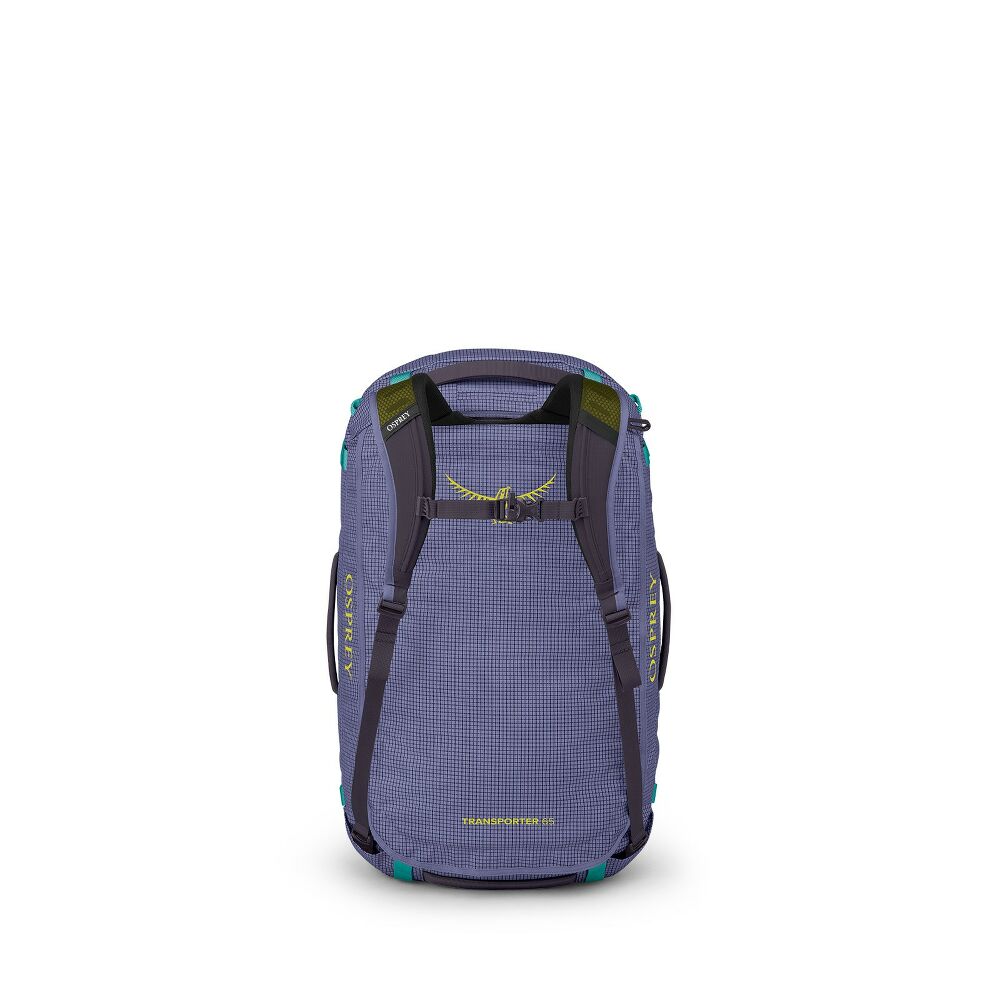 A purple and teal grid-patterned backpack shown from the back, featuring black straps and yellow accents, on a solid white background.