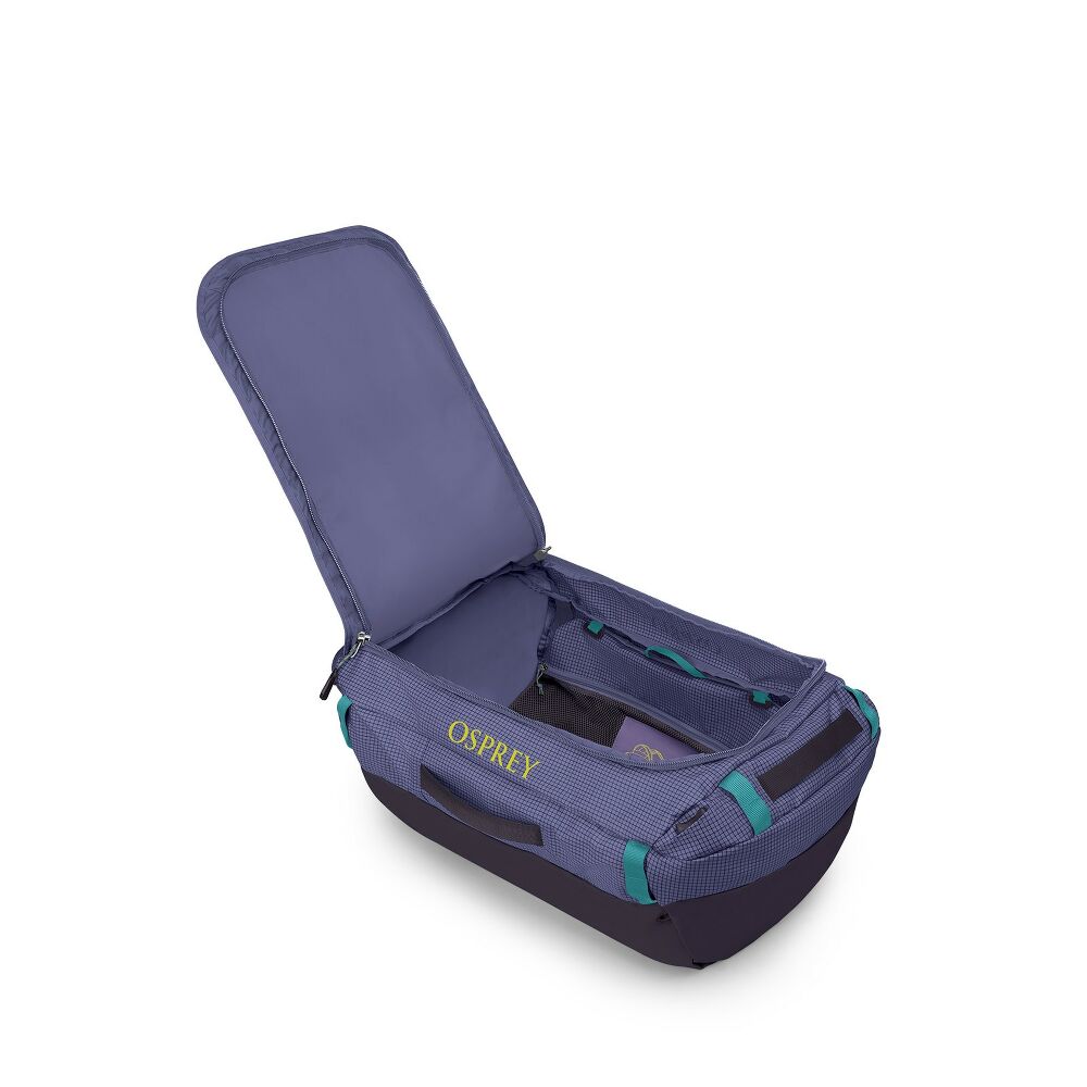 Purple Osprey travel bag on a white background