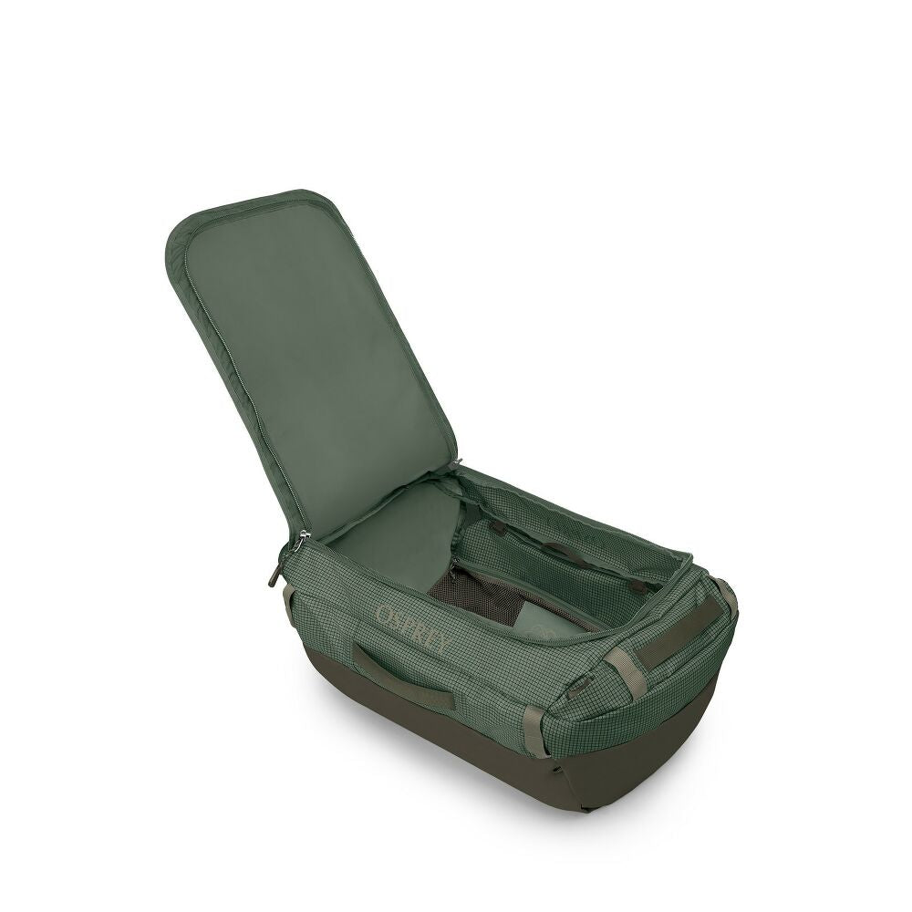 Green travel bag with open lid on a white background