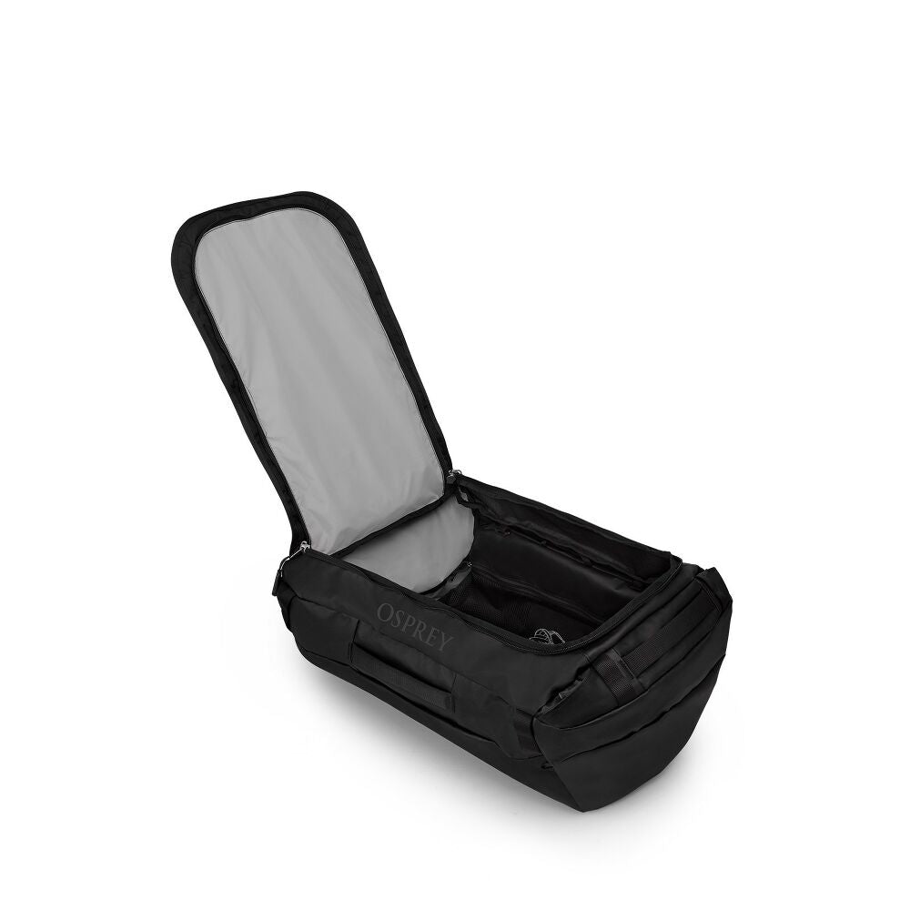 Black Osprey travel bag with open lid on a white background