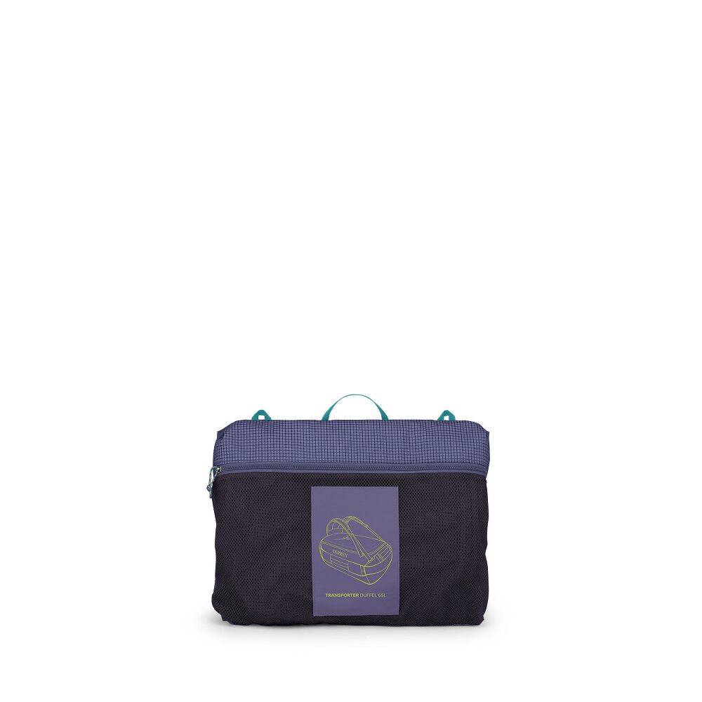 A compact cube, featuring a dark navy mesh body, a purple grid-patterned top panel, a purple front label with the brand logo, and teal-colored top handles, shown against a plain white background.