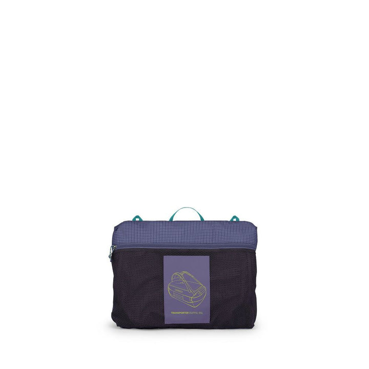 A compact cube, featuring a dark navy mesh body, a purple grid-patterned top panel, a purple front label with the brand logo, and teal-colored top handles, shown against a plain white background.