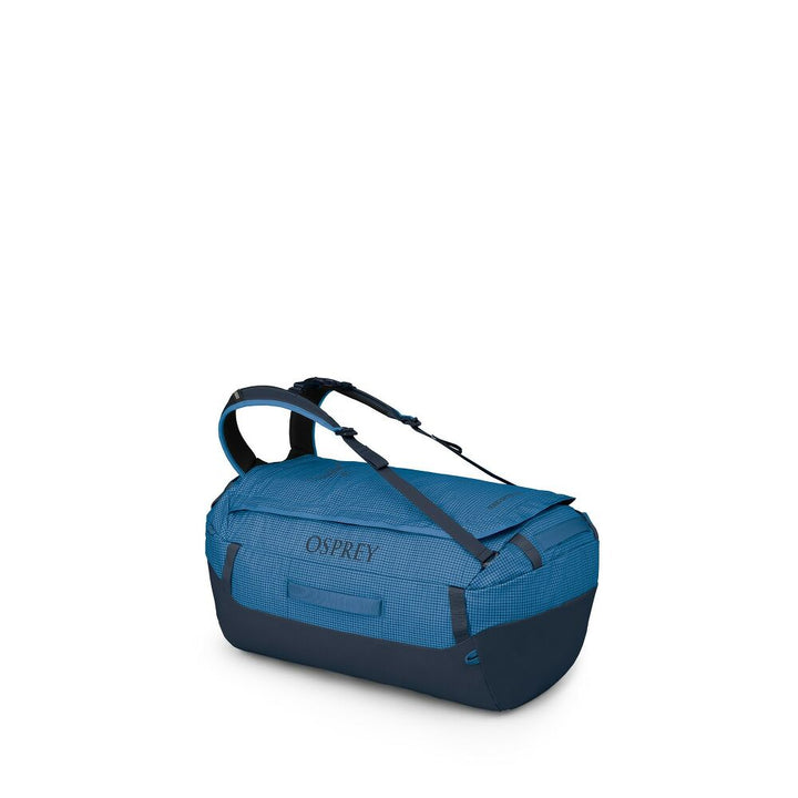Blue Osprey duffel bag on a white background