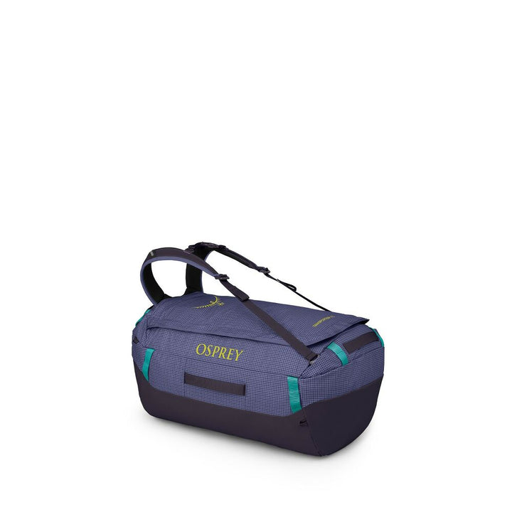 Blue Osprey duffel bag on a white background