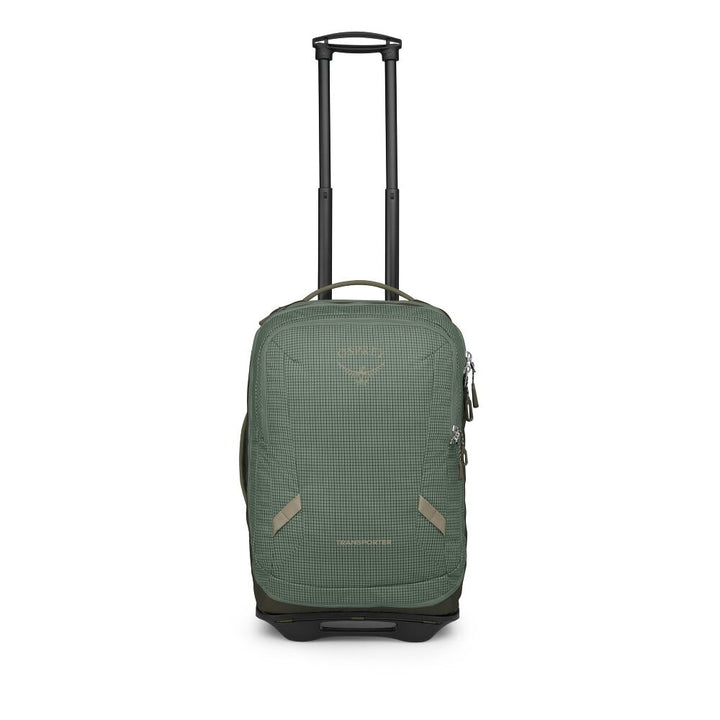 A green rolling suitcase with an extended black telescoping handle, shown against a plain white background.
