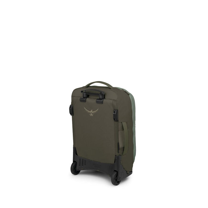 An olive green Osprey rolling suitcase with black wheels and a black top handle, shown from a three-quarter rear angle on a white background.