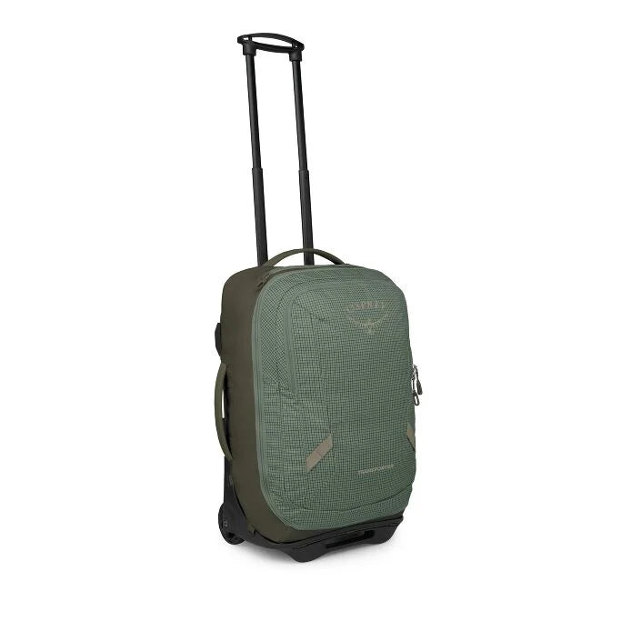 An olive green rolling backpack with an extended black telescoping handle and spinner wheels, shown on a plain white background.