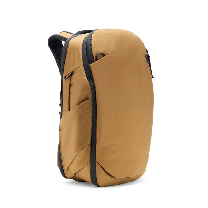 Brown backpack with black accents on a white background
