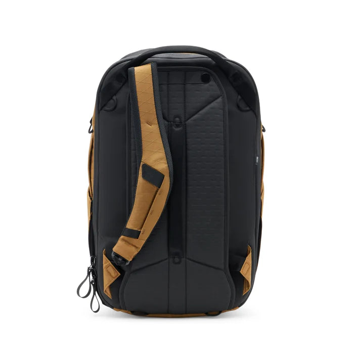 Black and brown backpack on a white background
