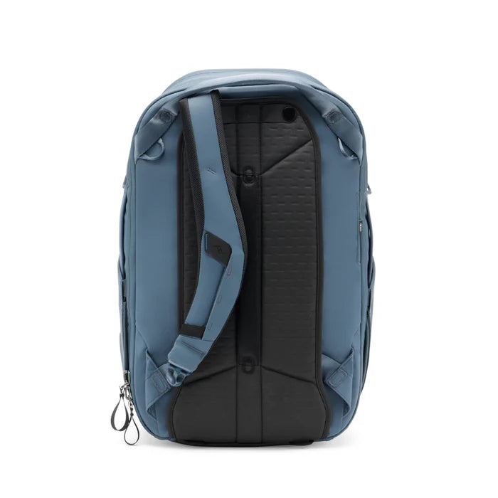 Blue and black backpack on a white background