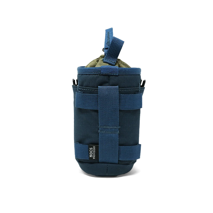A dark blue tactical pouch with blue webbing straps and a top carry loop, shown on a clean white background. A small black brand tag on the lower front reads &
