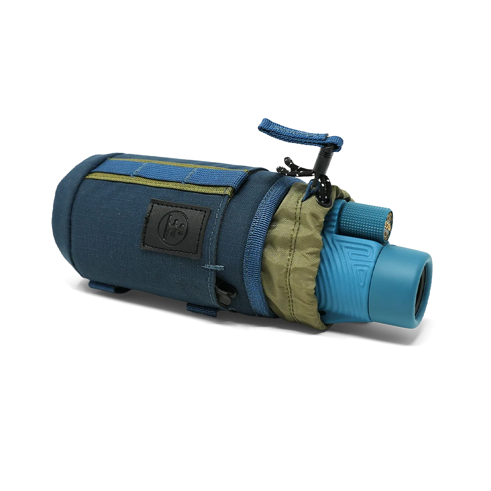 A blue and olive green monocular sleeve with a matching blue monocular, shown on a clean white background.