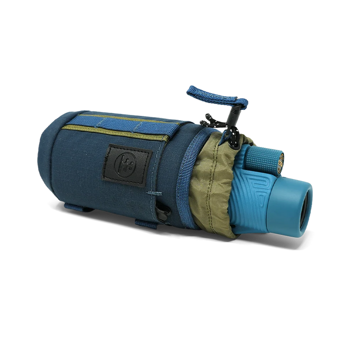 A blue and olive green monocular sleeve with a matching blue monocular, shown on a clean white background.