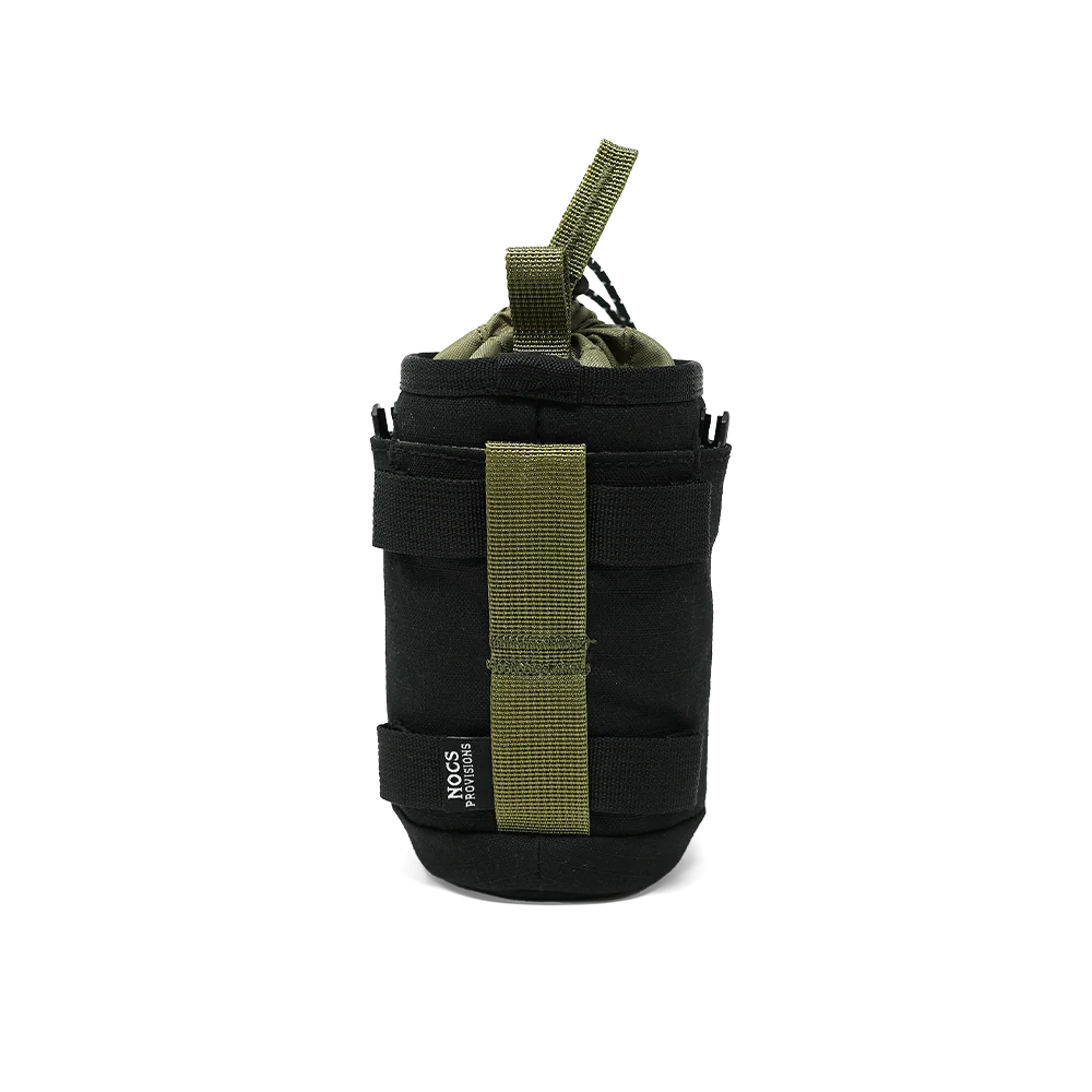 A black tactical pouch with olive green webbing straps and a matching top loop, shown against a plain white background.
